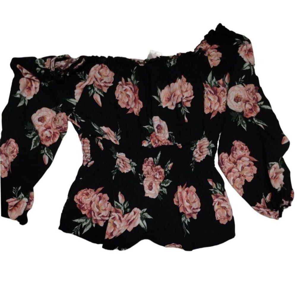 Romantic Floral Off-Shoulder Puff‎ Sleeve Smocked Top Black Pink Rose Pattern